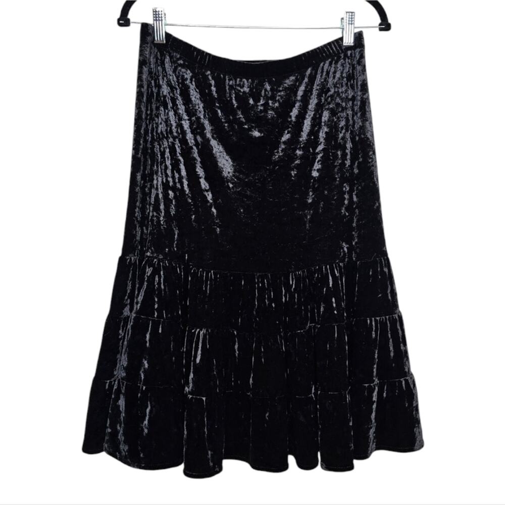 New York & Company Black Crushed Velvet Tier Ruffled Skirt Small